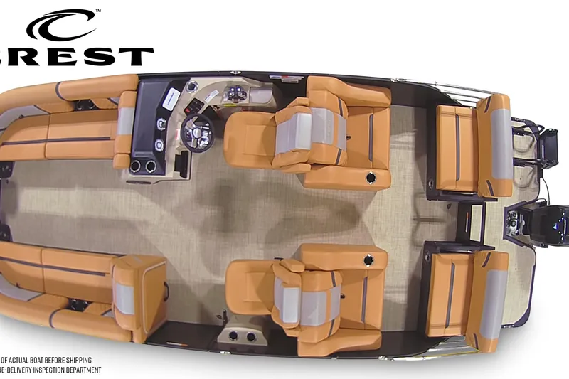 Slide: The Image of 2026 Crest Conquest 235 SLRC pontoon boat interior with luxurious seating and modern helm. - 6