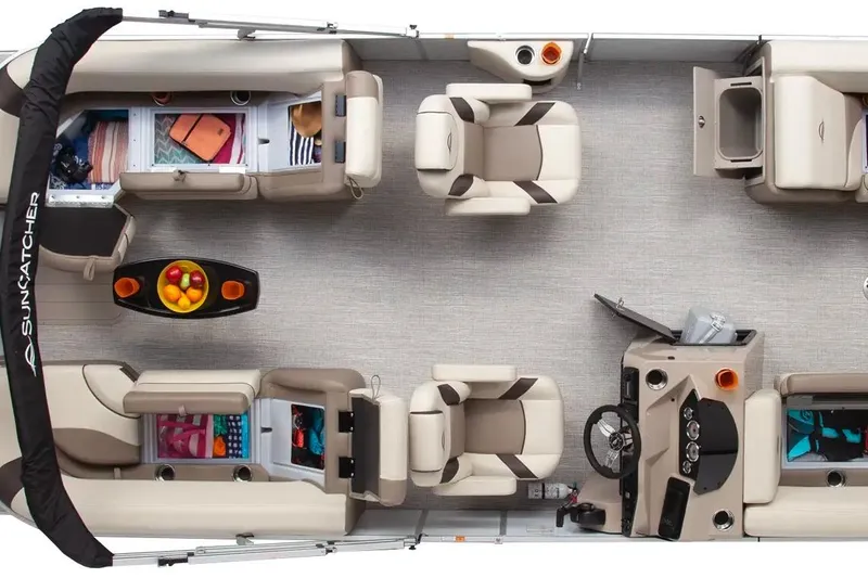 Slide: The Image of 2024 SunCatcher Select 322RC pontoon boat interior with seating and storage compartments. - 8