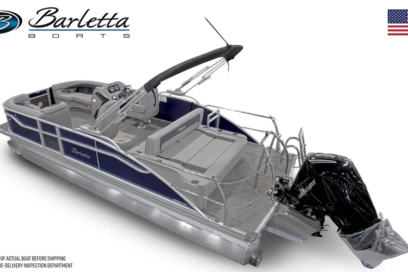 Slide: The Image of 2026 Barletta ARIA 22UC pontoon boat with sleek design and powerful Mercury engine. - 2