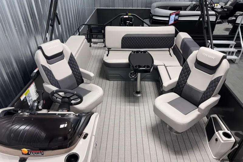 Slide: The Image of 2026 Sylvan L3 CLZ DH boat interior with plush seating and modern design. - 5