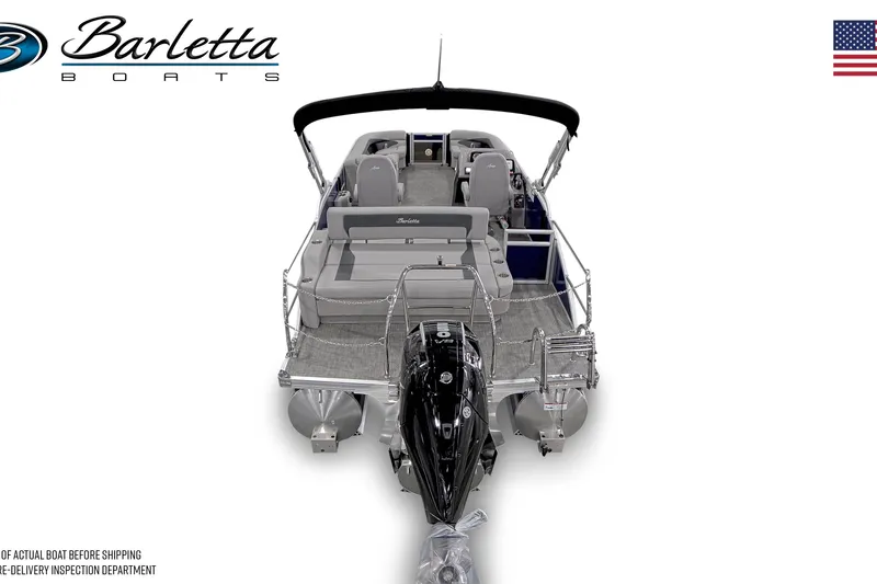 Slide: The Image of 2026 Barletta Aria 24UC pontoon boat, rear view, showcasing seating and motor. - 3