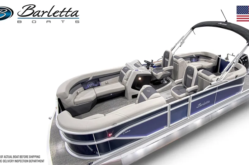 Slide: The Image of 2025 Barletta Cabrio 22QC pontoon boat with luxurious seating and sleek design. - 2