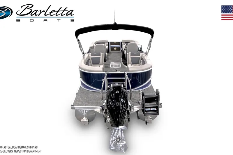 Slide: The Image of 2025 Barletta Cabrio 22QC pontoon boat, rear view with seating and motor. - 4
