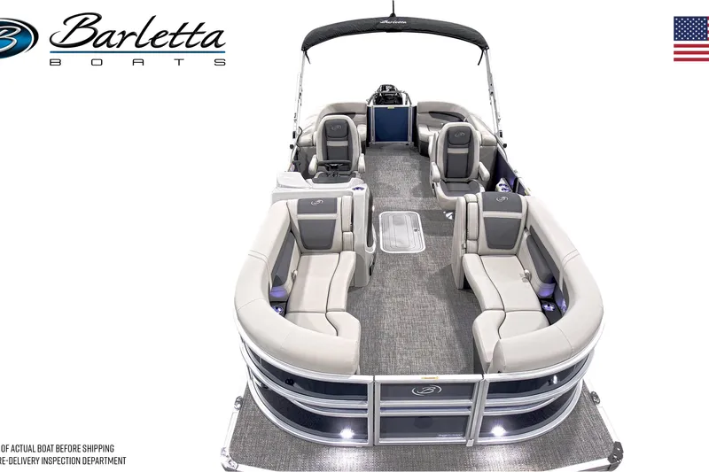 Slide: The Image of 2025 Barletta Cabrio 22QC pontoon boat with spacious seating and modern design. - 6