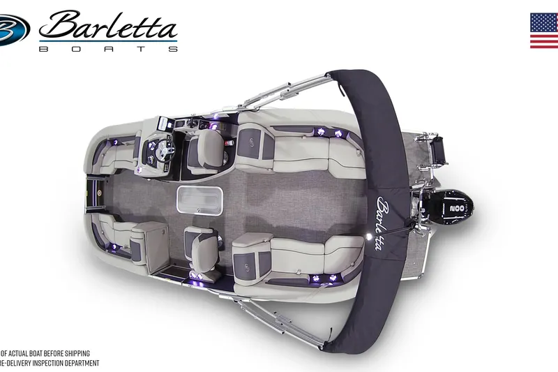 Slide: The Image of 2025 Barletta Cabrio 22QC pontoon boat, top view, showcasing seating and layout. - 7