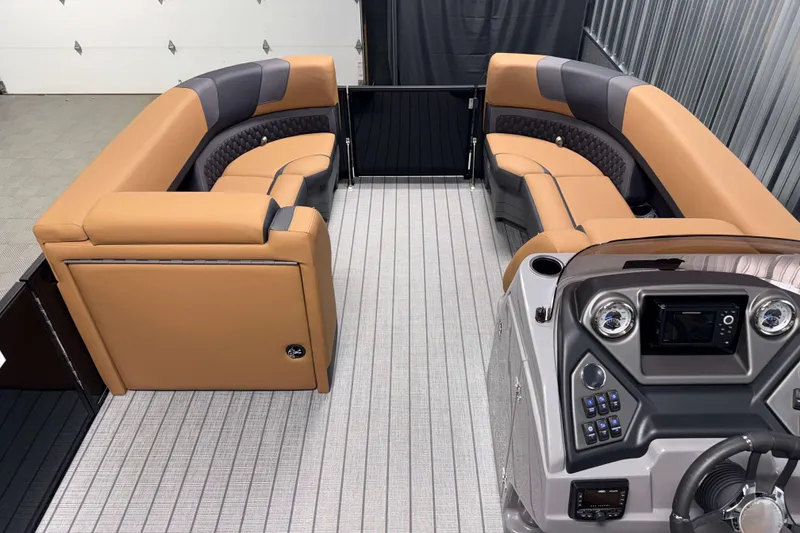 Slide: The Image of Luxurious interior of 2026 Sylvan L3 CLZ DH pontoon boat with plush seating and modern dashboard. - 5