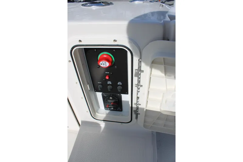 Slide: The Image of Control panel of 2026 Sailfish 245 DC boat with switches and red emergency button. - 20