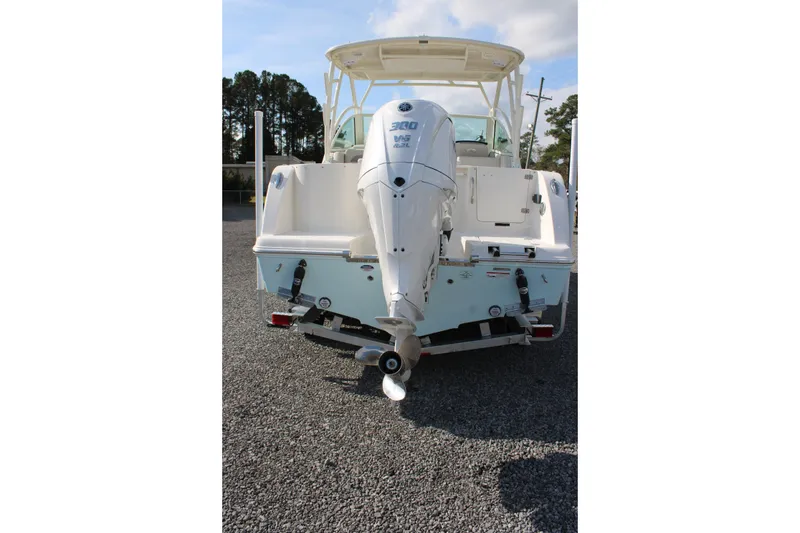 Slide: The Image of 2026 Sailfish 245 DC boat rear view with powerful outboard motor. - 37