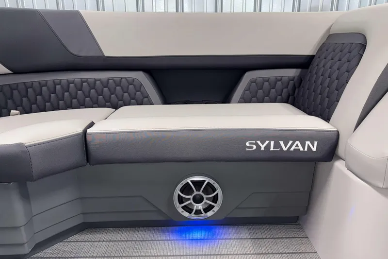 Slide: The Image of 2026 Sylvan L3 CLZ DH boat interior with stylish seating and speaker system. - 3
