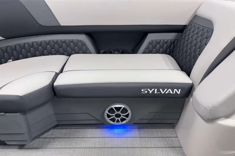 Slide: The Image of Luxurious seating in 2026 Sylvan L3 CLZ DH Platinum boat with stylish upholstery and speaker. - 3