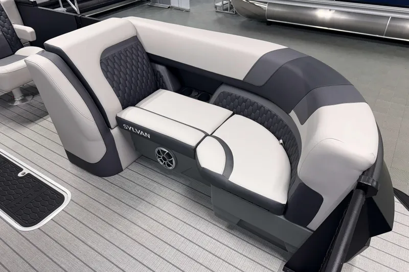 Slide: The Image of 2026 Sylvan L3 CLZ DH Platinum boat interior with luxurious seating and modern design. - 5