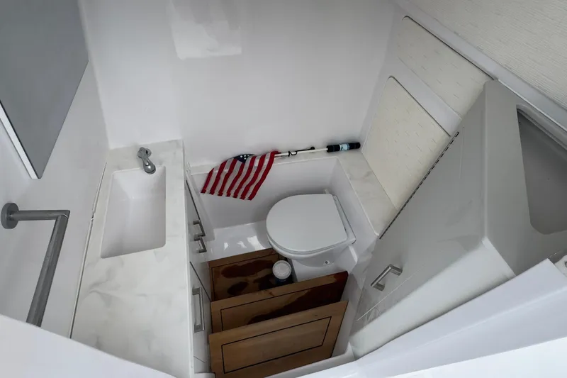 Slide: The Image of 2024 Jupiter 32 FS boat bathroom with sink, toilet, and American flag decor. - 34
