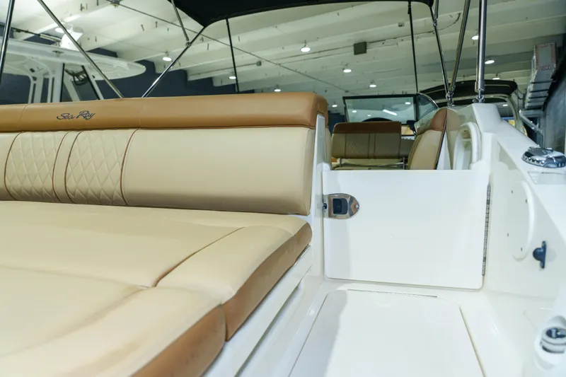 Slide: The Image of 2015 Sea Ray 270 Sundeck interior with tan leather seating and elegant design. - 35