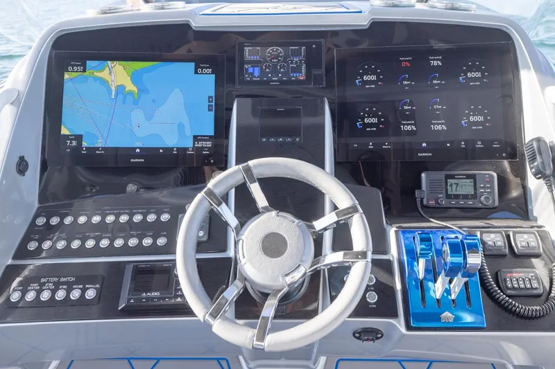 Slide: The Image of Cockpit of 2019 Deep Impact 399 Sport boat with advanced navigation and control systems. - 20