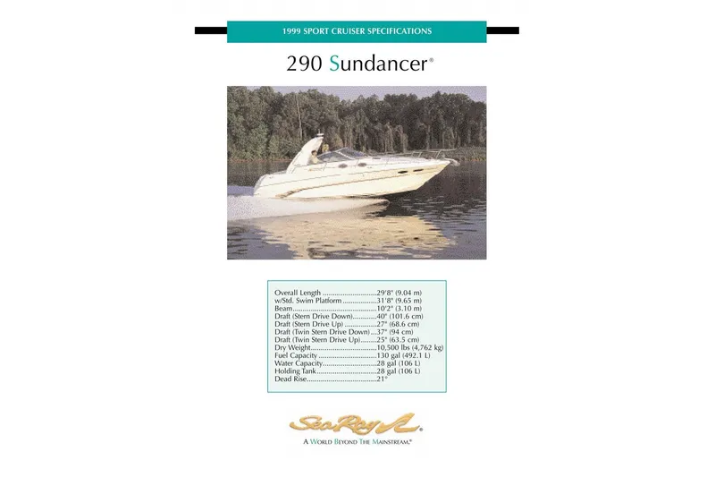 Slide: The Image of 1999 Sea Ray 290 Sundancer boat cruising on a calm lake with specifications listed. - 32