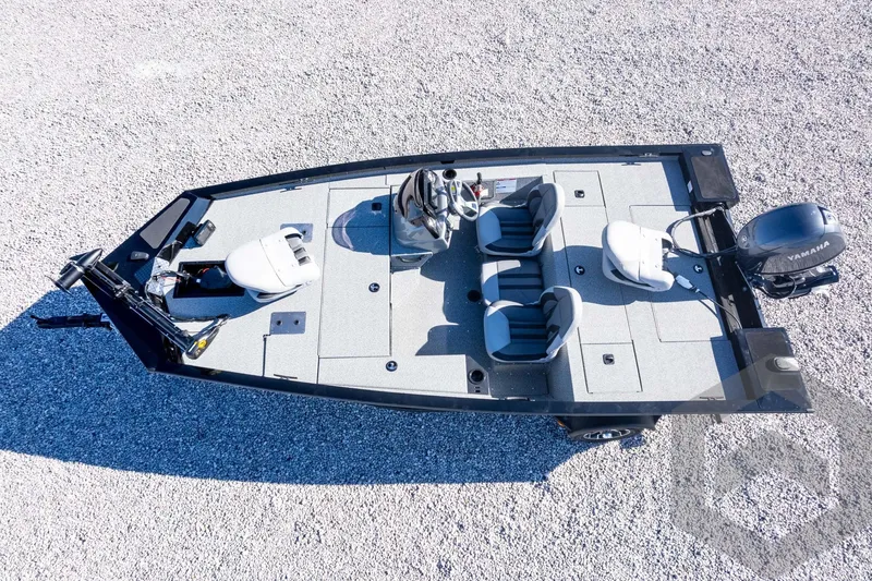 Slide: The Image of 2026 G3 Sportsman 1610 boat, aerial view, featuring seating and Yamaha motor. - 50