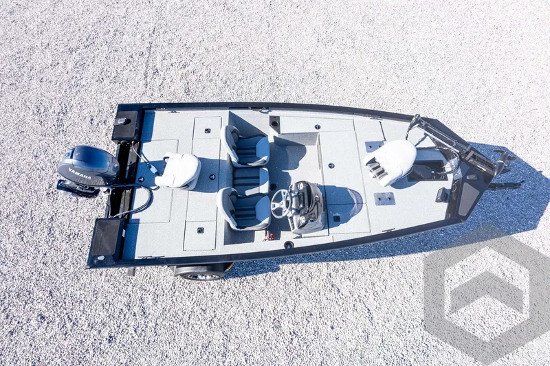 Slide: The Image of 2026 G3 Sportsman 1610 boat, aerial view, featuring Yamaha engine and seating arrangement. - 54