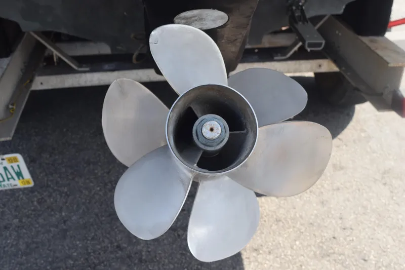 Slide: The Image of Close-up of a 2005 Sea Ray SLX 280 boat propeller and outdrive. - 37