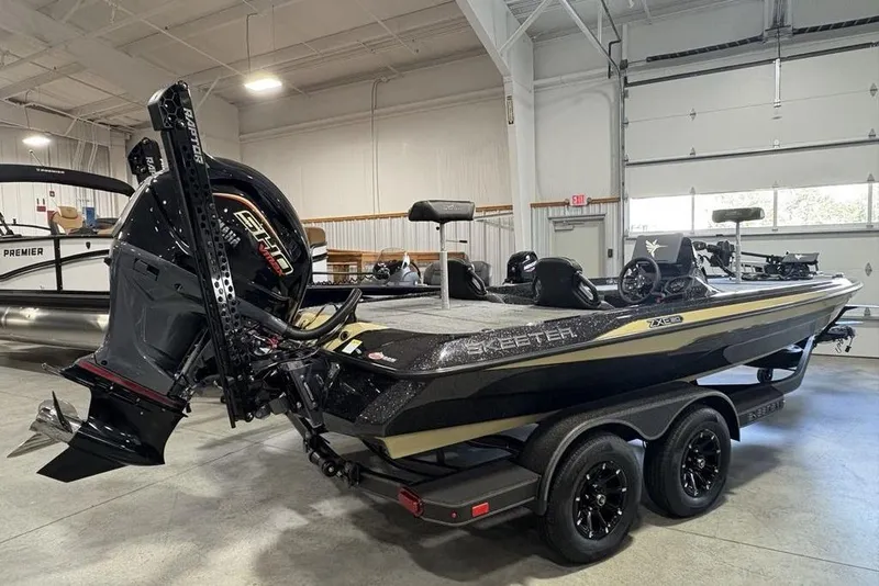 Slide: The Image of 2026 Skeeter ZXE20 boat with powerful outboard motor in a showroom. - 3