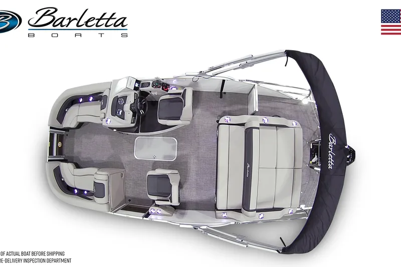 Slide: The Image of 2026 Barletta Cabrio 22UC pontoon boat, top view, showcasing spacious seating and modern design. - 7