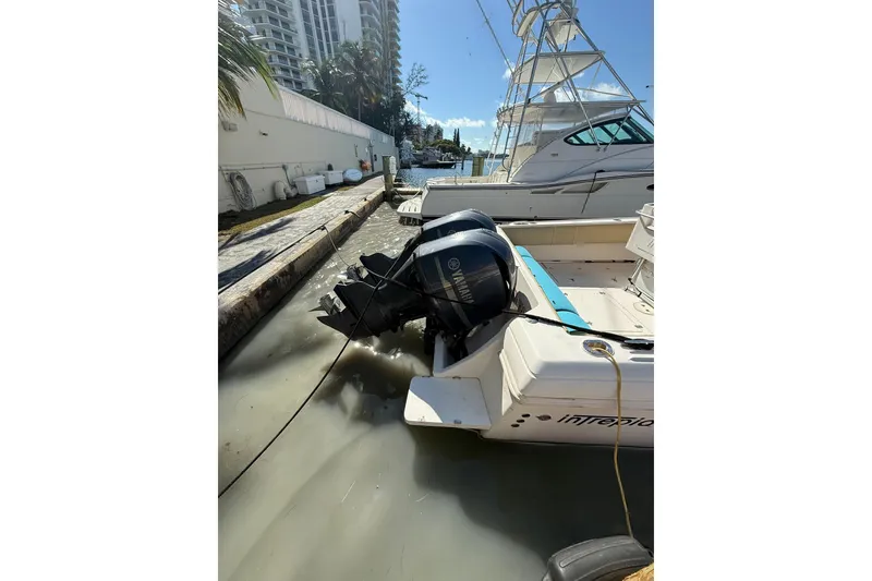 Slide: The Image of 2008 Intrepid 370 Cuddy cruising on sunny waters, with a person at the helm. - 9