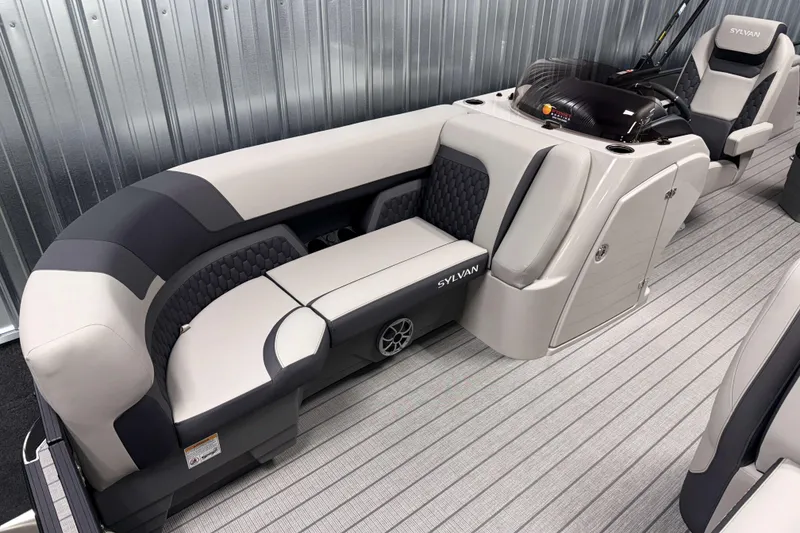 Slide: The Image of 2026 Sylvan L3 DLZ boat interior with luxurious seating and modern design. - 2