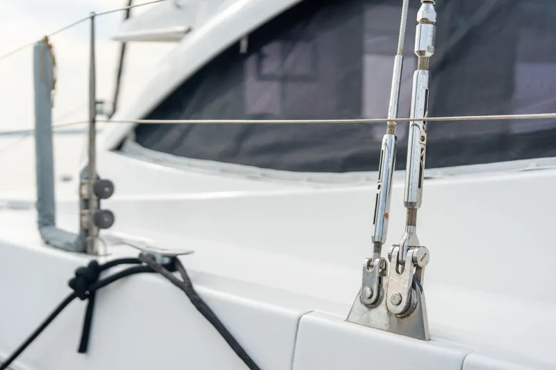 Slide: The Image of Close-up of rigging on a 2016 Leopard 48 yacht, showcasing stainless steel fittings. - 24