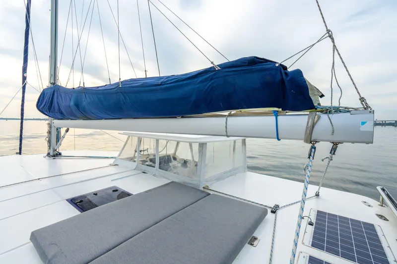 Slide: The Image of 2016 Leopard 48 catamaran deck with covered sail and solar panels. - 69