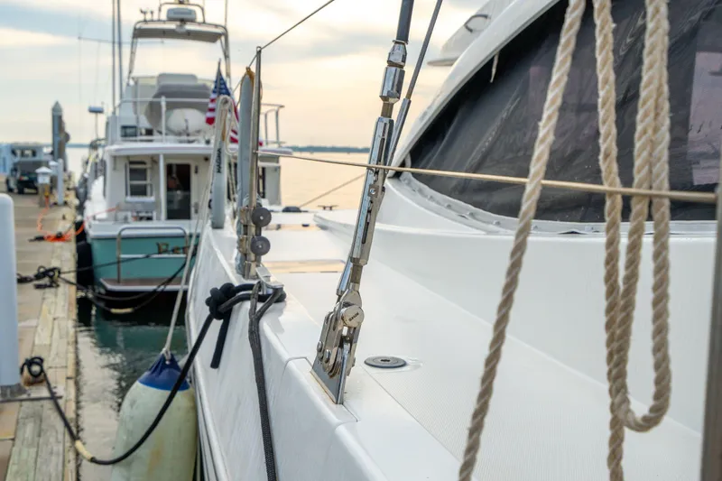 Slide: The Image of Docked 2016 Leopard 48 yacht with ropes and rigging details. - 74