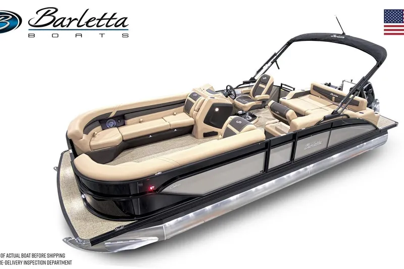Slide: The Image of 2025 Barletta Cabrio 24U pontoon boat with luxurious seating and sleek design. - 28