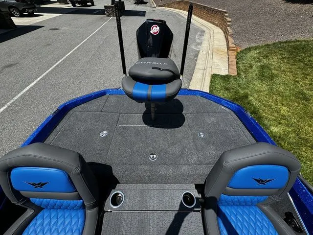 Slide: The Image of 2024 Vexus VXS20 boat interior with blue and gray seating, featuring a sleek design. - 16