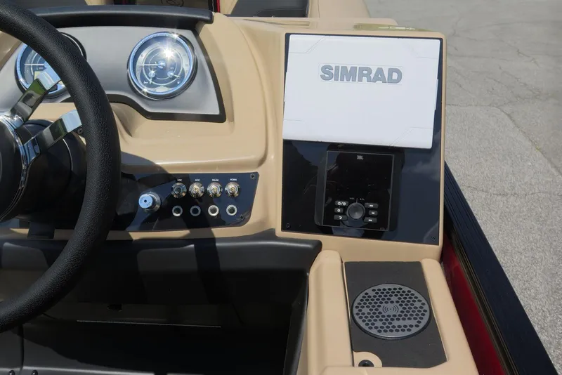Slide: The Image of 2026 Barletta Cabrio 24UC dashboard with Simrad display and JBL audio controls. - 17