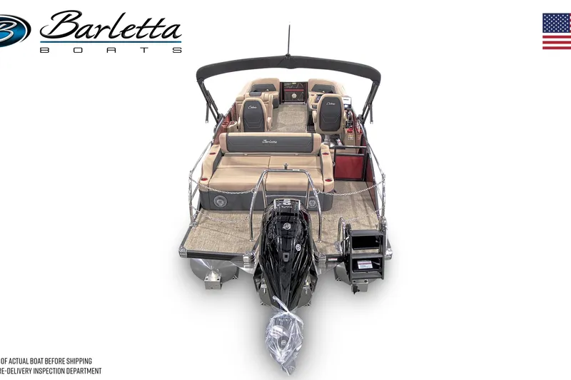 Slide: The Image of 2026 Barletta Cabrio 24UC pontoon boat, rear view with seating and motor. - 43