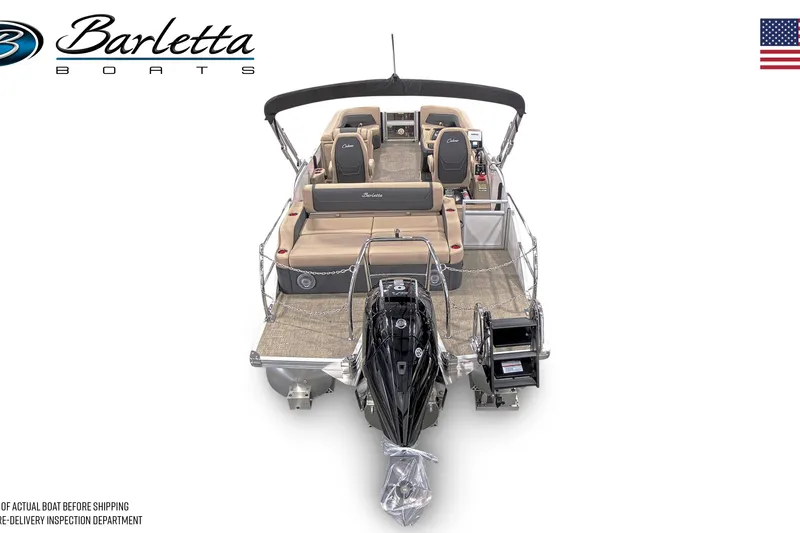 Slide: The Image of 2026 Barletta Cabrio 24UC pontoon boat, rear view with seating and motor. - 3