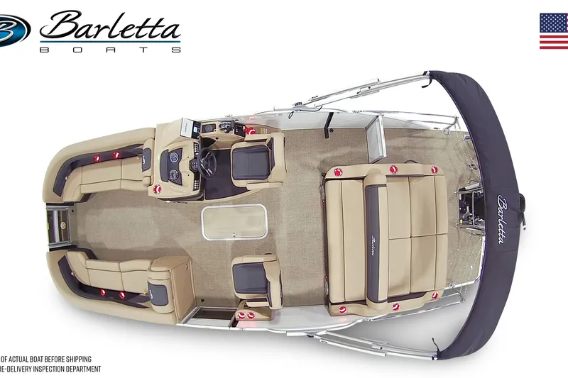 Slide: The Image of 2026 Barletta Cabrio 24UC pontoon boat, top view, showcasing spacious seating and modern design. - 7