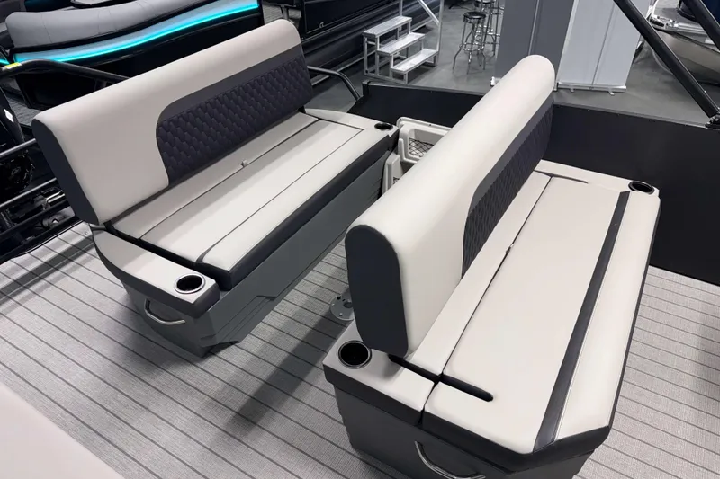 Slide: The Image of Luxurious seating on 2026 Sylvan L3 DLZ Platinum pontoon boat, featuring modern design and comfort. - 19