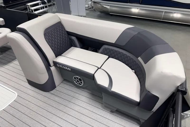 Slide: The Image of 2026 Sylvan L3 DLZ Platinum boat seating with modern design and premium upholstery. - 5