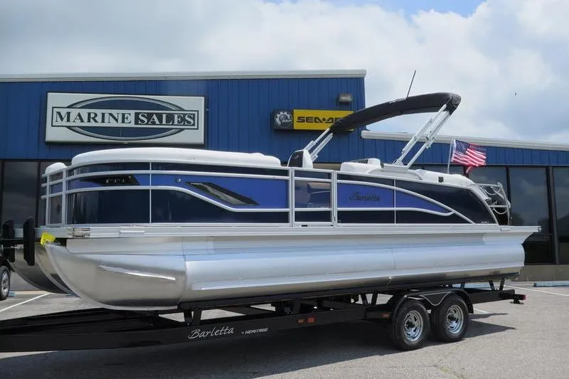 Slide: The Image of 2025 Barletta Corsa 23U pontoon boat on trailer at Marine Sales dealership. - 38