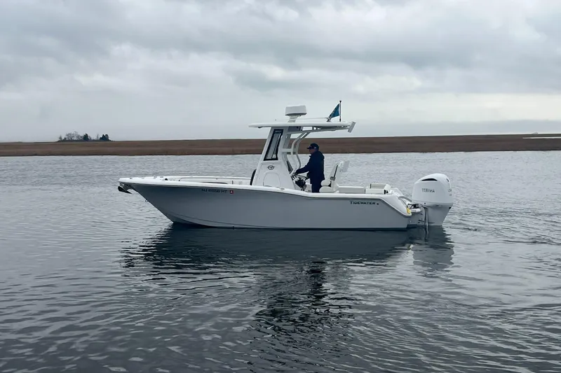 Slide: The Image of 2024 Tidewater 232 LXF boat on calm water, side view. - 4