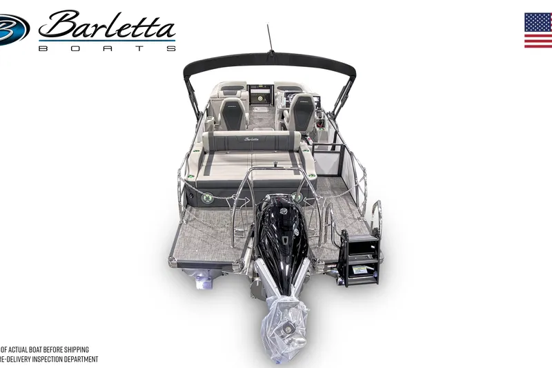 Slide: The Image of 2026 Barletta Corsa 23UC pontoon boat, rear view, showcasing seating and motor. - 3