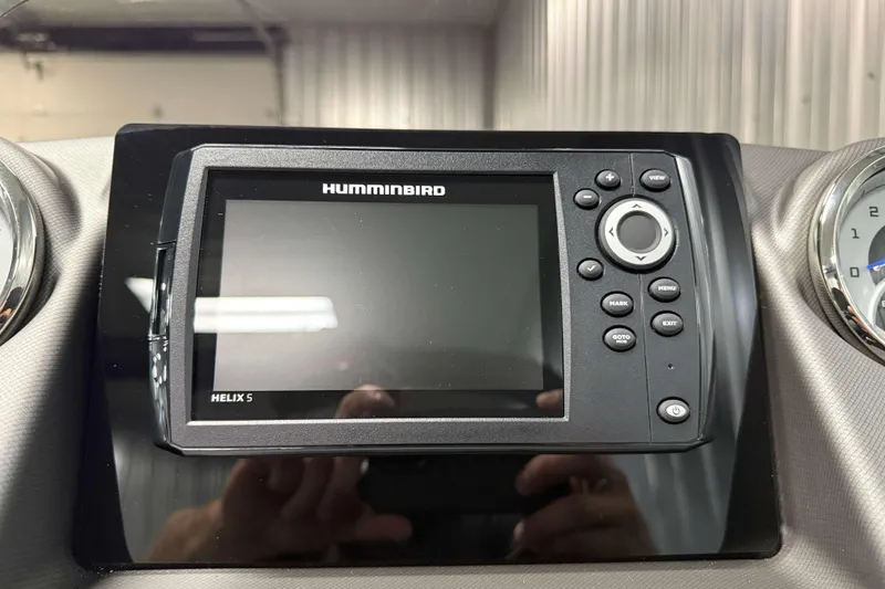 Slide: The Image of Humminbird Helix 5 fish finder on 2026 Sylvan L3 RLZ dashboard. - 14