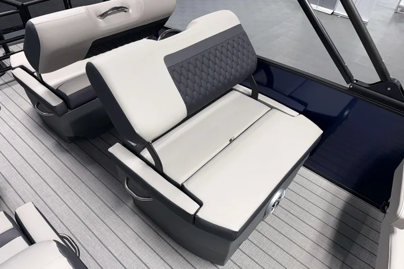 Slide: The Image of 2026 Sylvan L3 RLZ boat interior with modern seating and sleek design. - 19