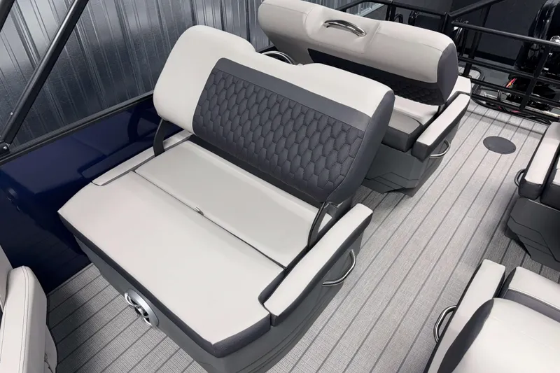 Slide: The Image of 2026 Sylvan L3 RLZ boat interior with stylish gray seating and modern design. - 25