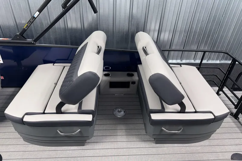 Slide: The Image of 2026 Sylvan L3 RLZ boat interior with dual seating and modern design. - 26