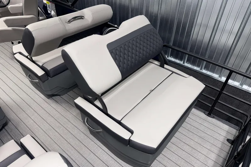 Slide: The Image of 2026 Sylvan L3 RLZ boat interior with modern, cushioned seating and sleek design. - 27