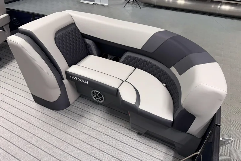 Slide: The Image of Luxurious seating in the 2026 Sylvan L3 RLZ pontoon boat, featuring modern design and comfort. - 5