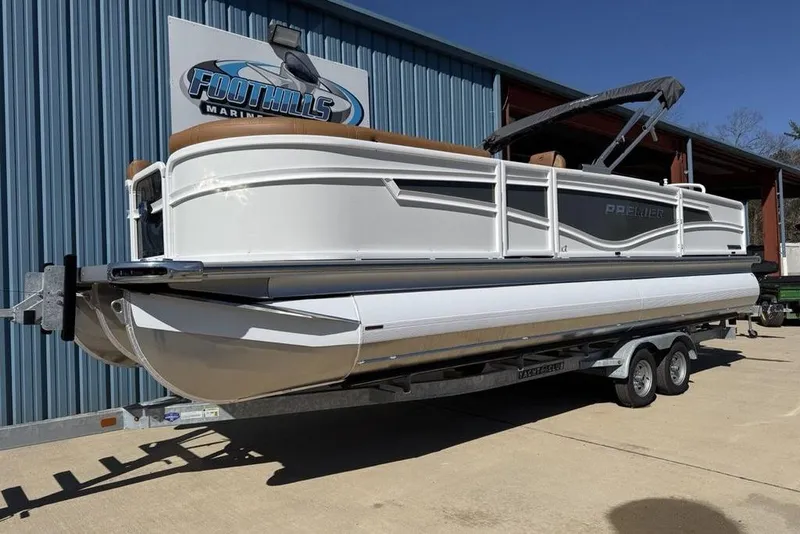 Slide: The Image of 2026 Premier 230 Intrigue RF pontoon boat on trailer at Foothills Marine. - 4
