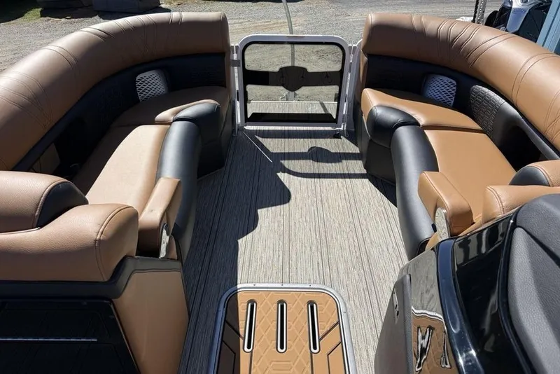 Slide: The Image of Interior of 2026 Premier 230 Intrigue RF pontoon boat with luxurious seating. - 7