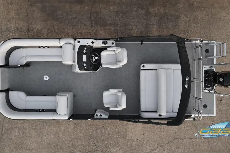 Slide: The Image of Overhead view of 2022 Bentley 243 Swingback pontoon boat with spacious seating layout. - 4