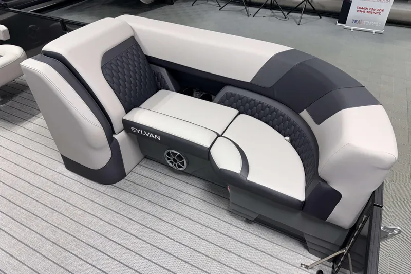 Slide: The Image of 2026 Sylvan L3 RLZ boat seating with modern design and integrated speaker. - 5